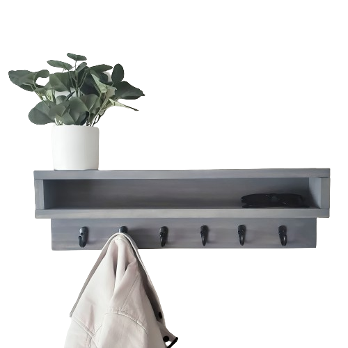 Wooden hanging shelf with hooks