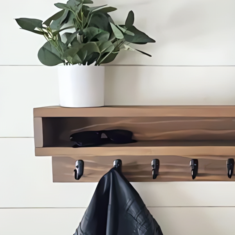 Wooden hanging shelf with hooks