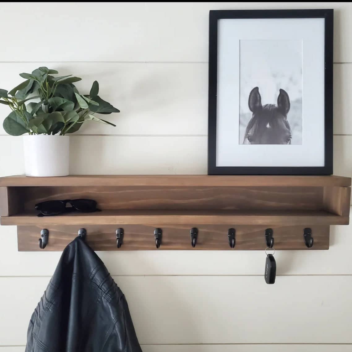 Wooden hanging shelf with hooks