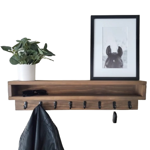 Wooden hanging shelf with hooks