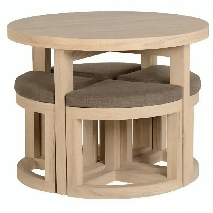 Round dining table with 4 poufs