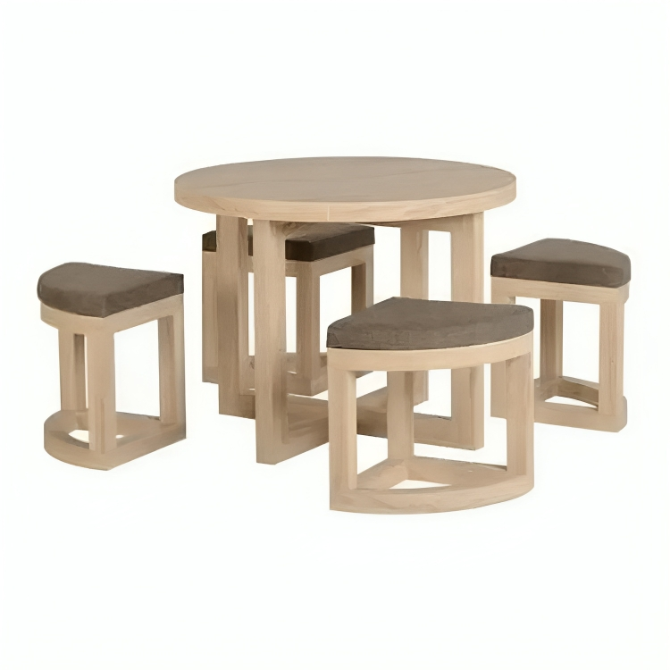 Round dining table with 4 poufs