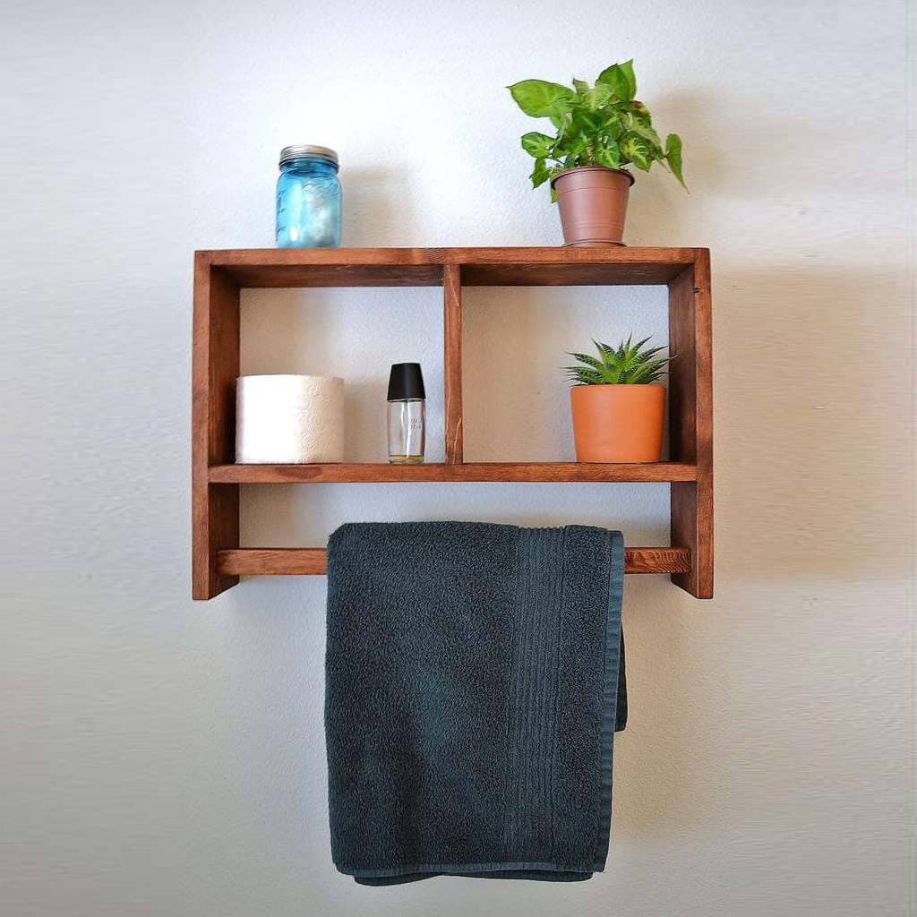 Wooden shelf with towel holder