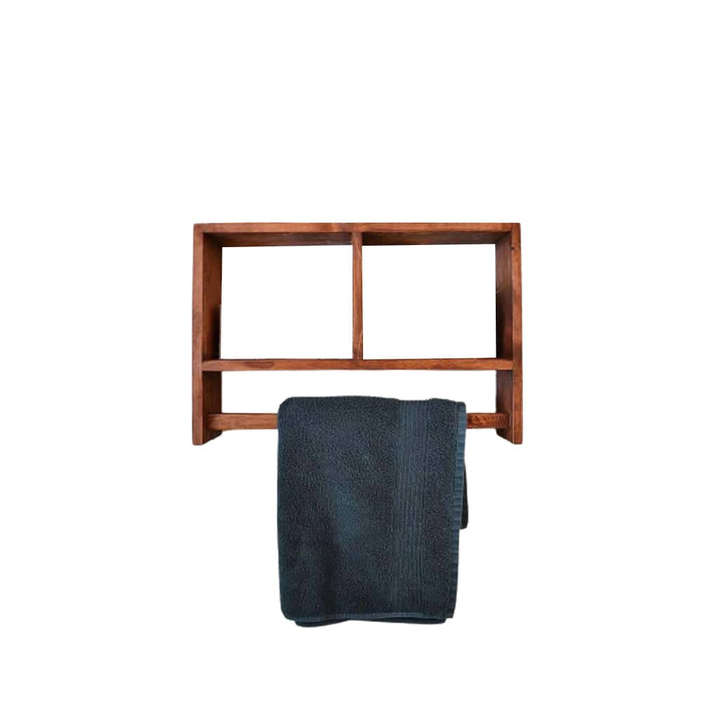 Wooden shelf with towel holder