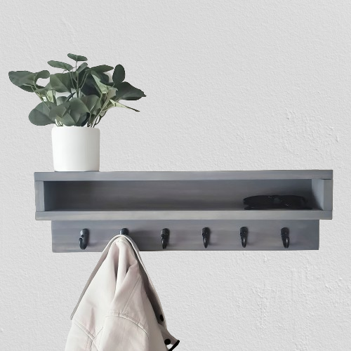 Wooden hanging shelf with hooks