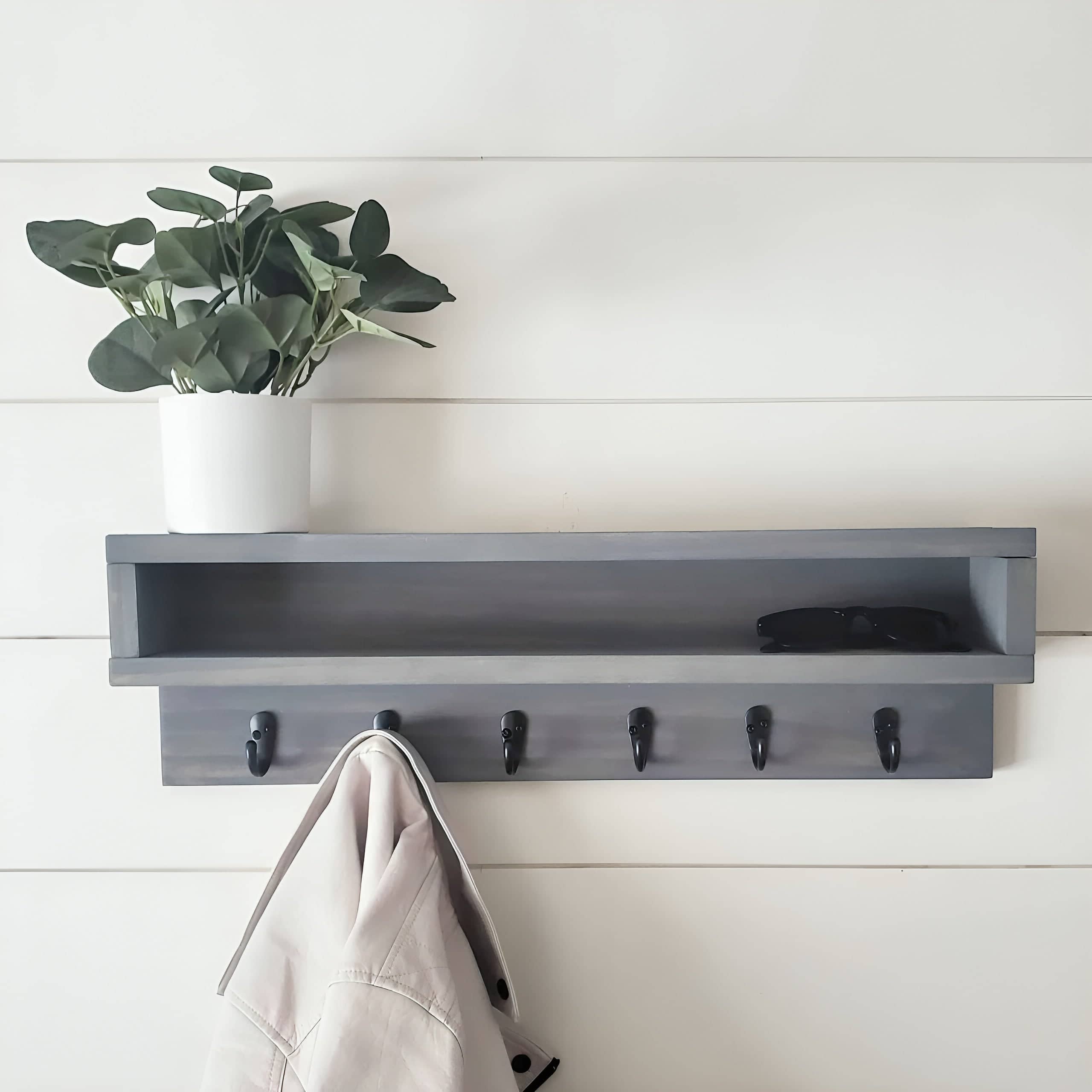 Wooden hanging shelf with hooks