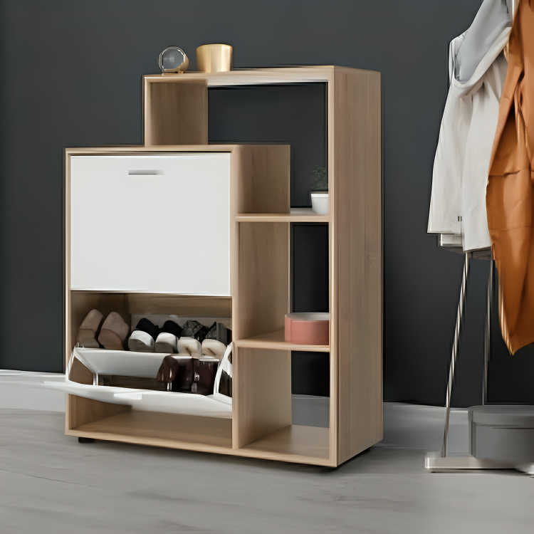 Shoe cabinet with side shelves